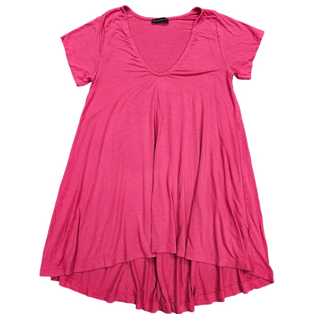 Nally & Millie USA Pink V-Neck High Low Tunic Top Short Sleeve‎ Babydoll Shirt